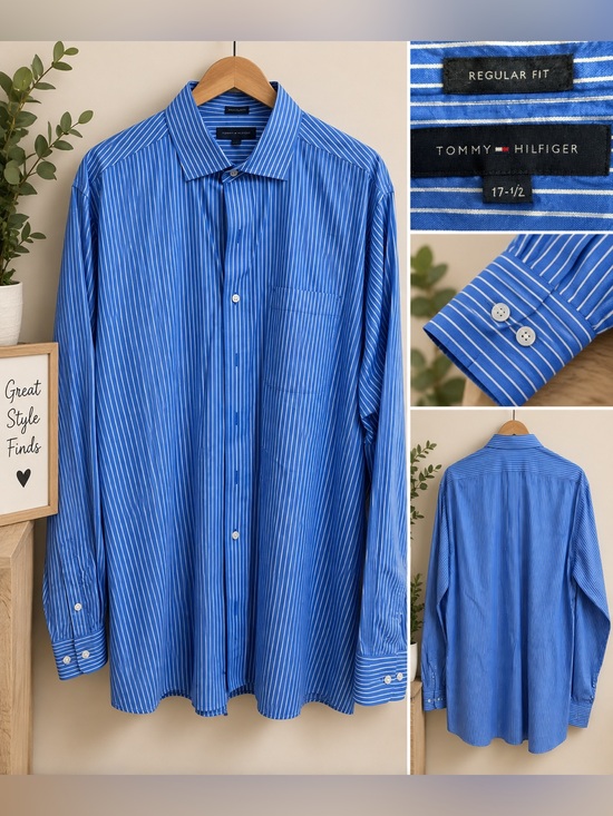 Tommy Hilfiger Other - Tommy Hilfiger Men’s Blue Striped Dress Shirt Size 17.5 Regular Fit
